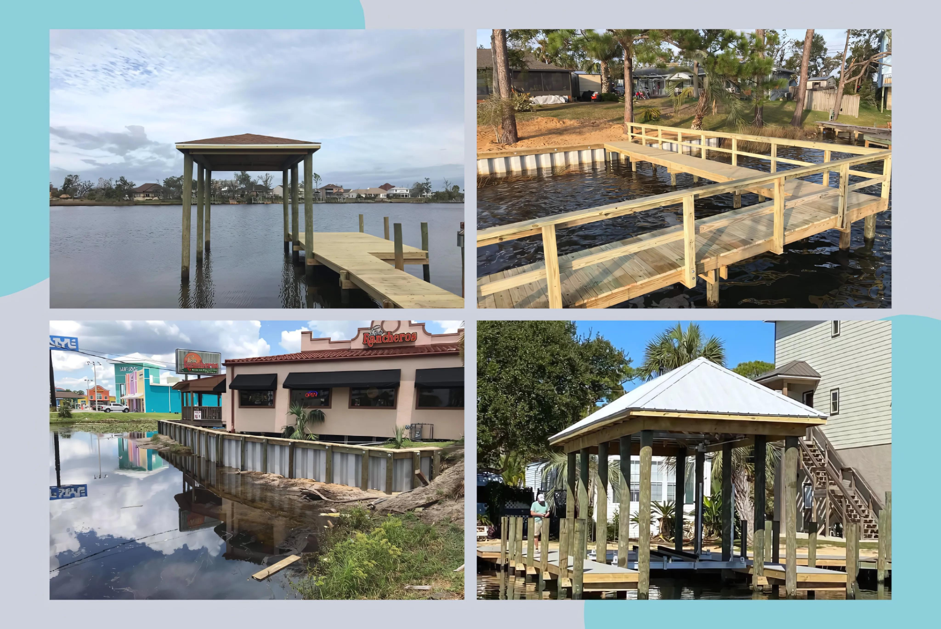 Four images show various dock projects, including roofed structures, new wooden piers, and a commercial waterfront retaining wall.